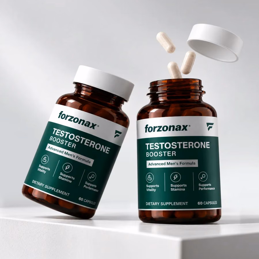Två flaskor Forzonax med vegetabiliska kapslar runt omkring